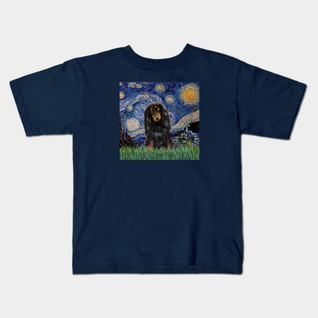 Starry Night (Van Gogh) Adapted to Feature a Long Haired Dachshund Kids T-Shirt by Dogs Galore and More
